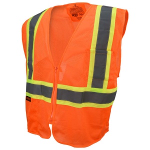 Class 2 Self Extinguishing Two-Tone Trim Mesh Safety Vest - Orange. #SV225-2ZOM-Logo (Logo Included)